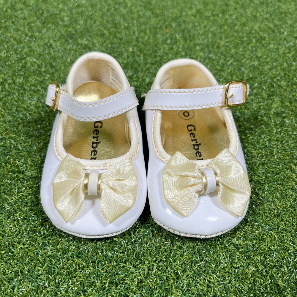 Gerber Newborn Girl White Gold Bow Dress Shoes